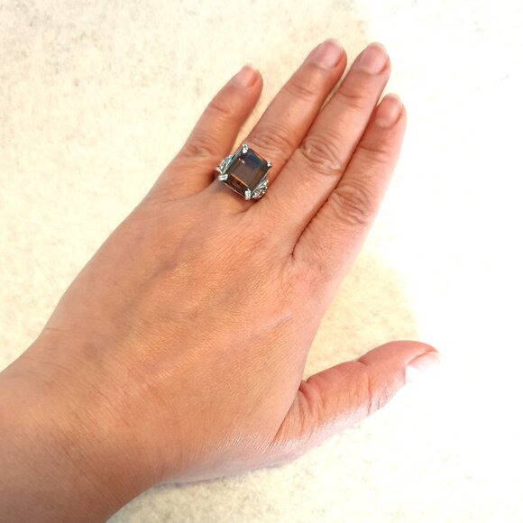 One-of-a-Kind Vintage Art Deco Smoky Quartz 925 Sterling Silver Cocktail Ring - Picture 5 of 15